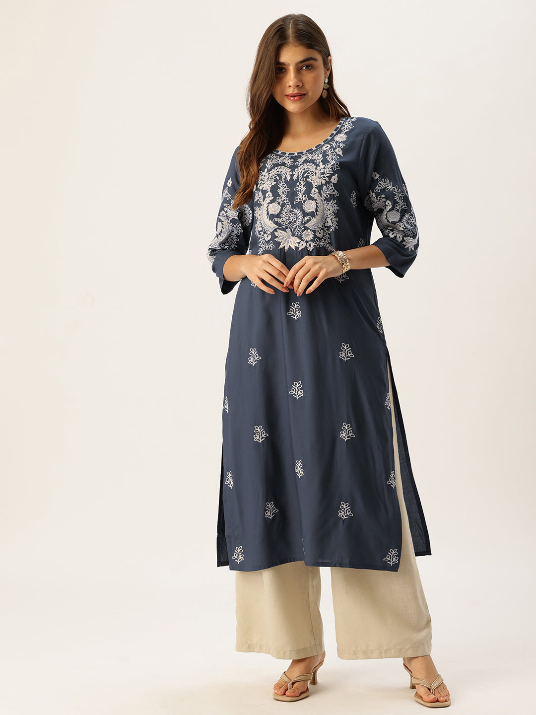 Blue Floral Embroidered Straight Kurta