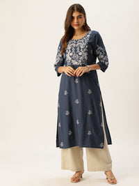 Blue Floral Embroidered Straight Kurta