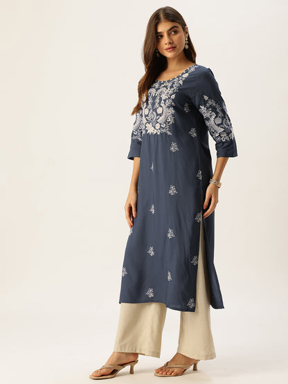 Blue Floral Embroidered Straight Kurta