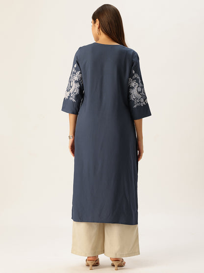 Blue Floral Embroidered Straight Kurta