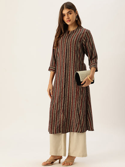 Red Striped Printed A - Line Kurta