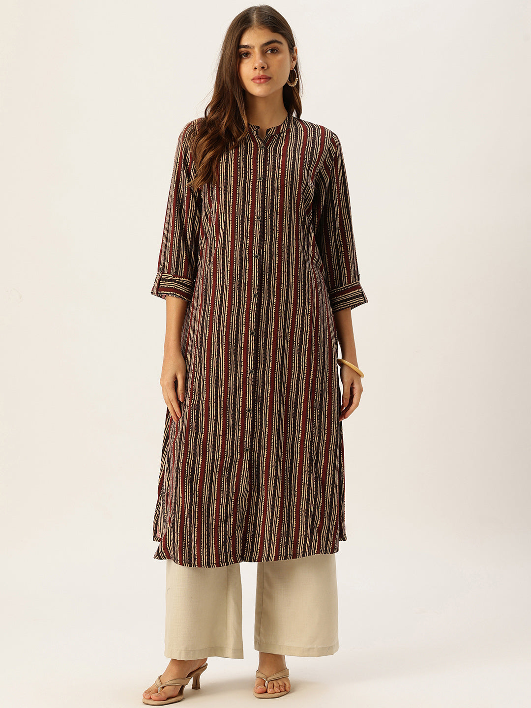 Red Striped Printed A - Line Kurta