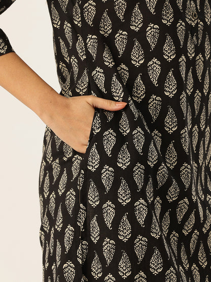 Black & Beige Printed A Line Kurta