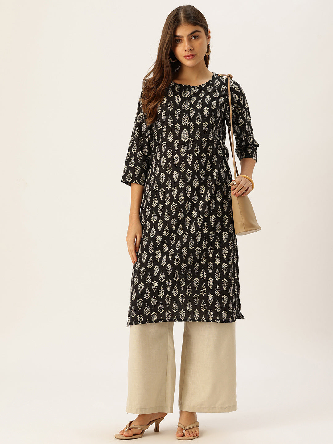 Black & Beige Printed A Line Kurta