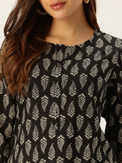 Black & Beige Printed A Line Kurta