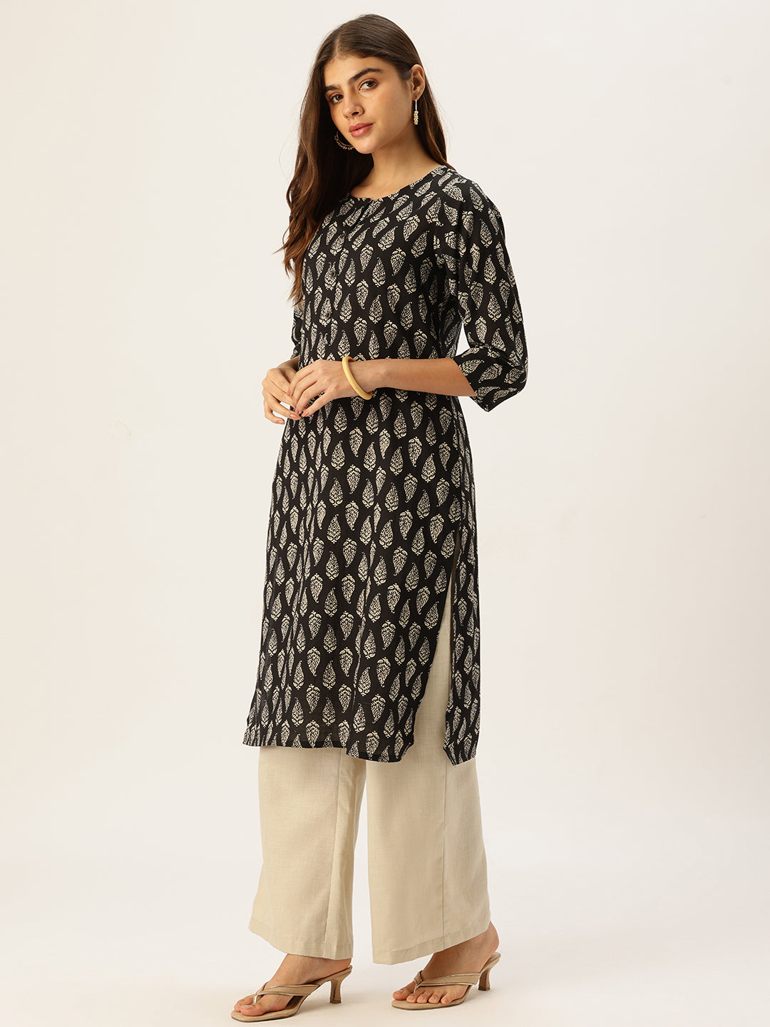 Black & Beige Printed A Line Kurta