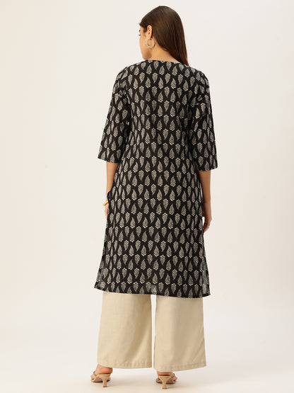 Black & Beige Printed A Line Kurta