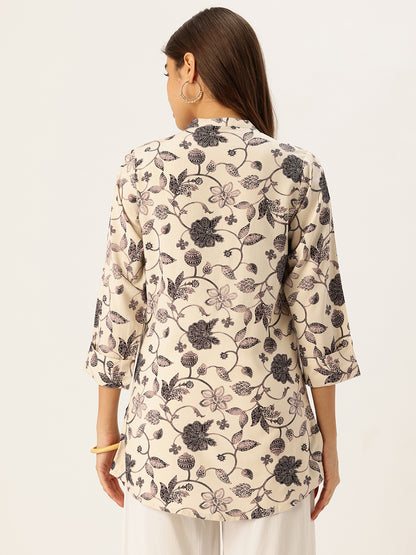 Beige & Black Floral Printed Mandarin Collar Tunic