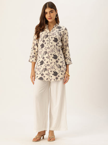 Beige & Black Floral Printed Mandarin Collar Tunic