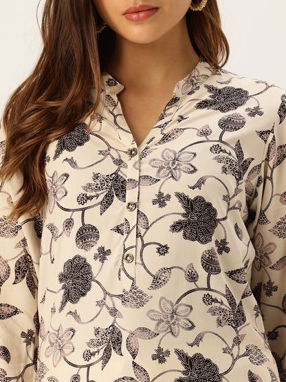 Beige & Black Floral Printed Mandarin Collar Tunic