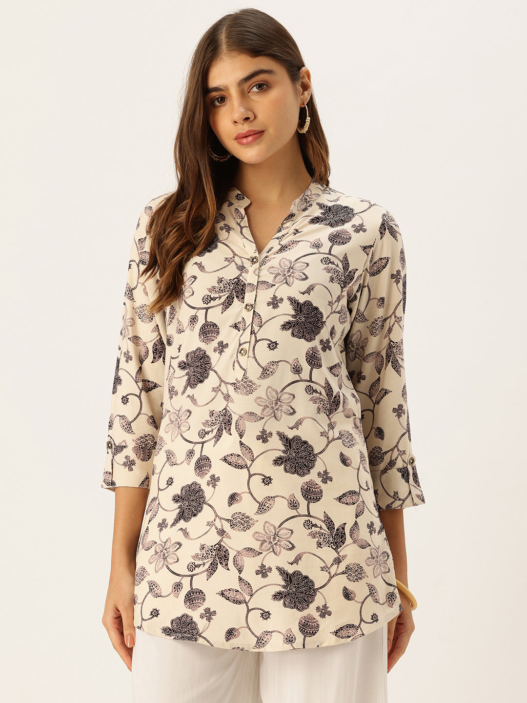 Beige & Black Floral Printed Mandarin Collar Tunic