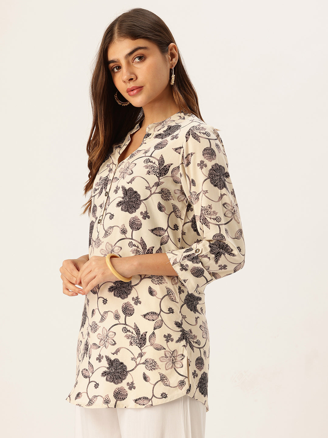 Beige & Black Floral Printed Mandarin Collar Tunic