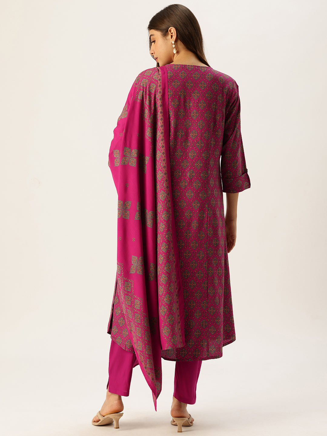 Pink & Green Printed Kurta with Trouser & Dupatta