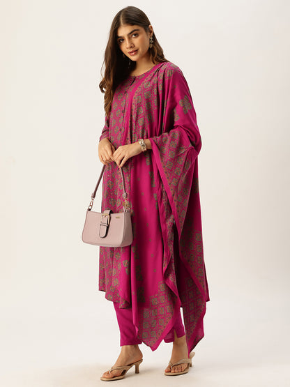 Pink & Green Printed Kurta with Trouser & Dupatta