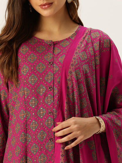 Pink & Green Printed Kurta with Trouser & Dupatta