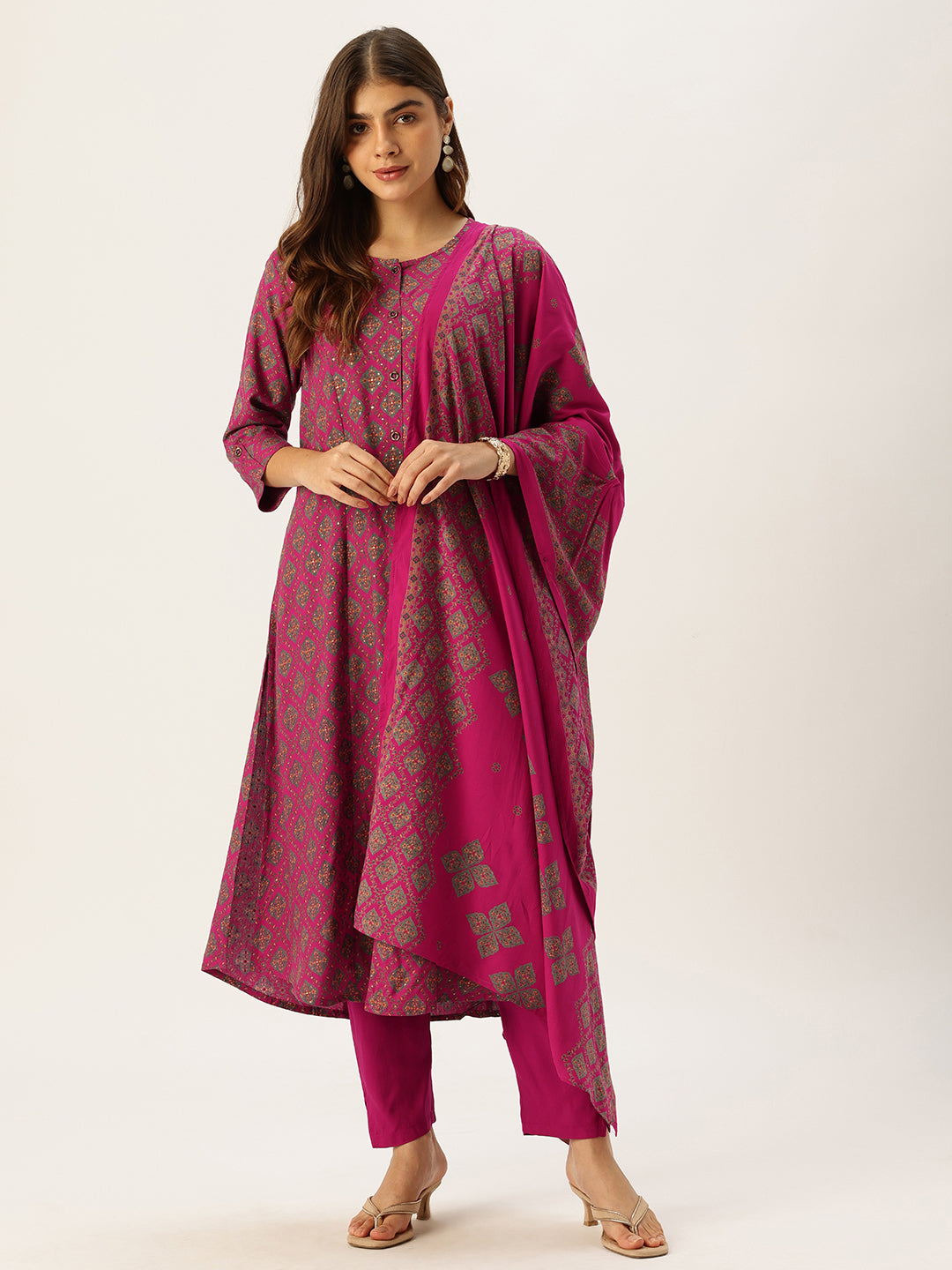 Pink & Green Printed Kurta with Trouser & Dupatta