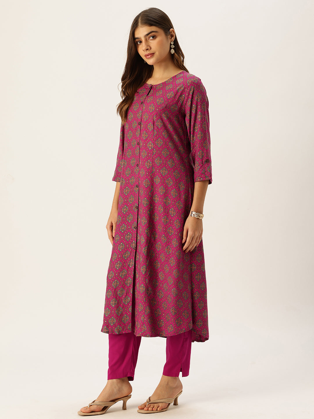 Pink & Green Printed Kurta with Trouser & Dupatta