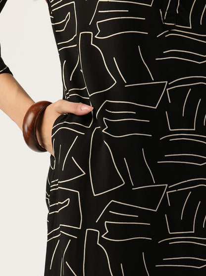 Black Printed A - Line Kurta
