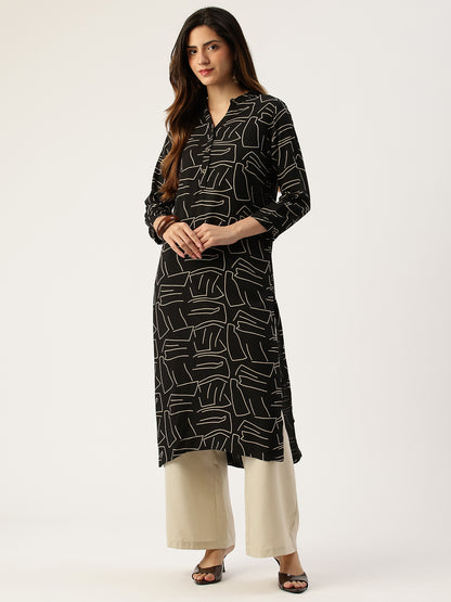 Black Printed A - Line Kurta