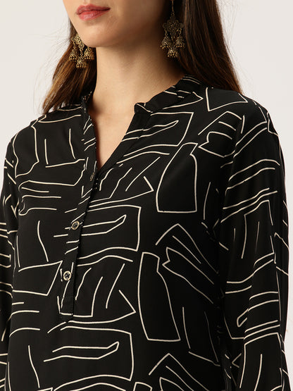 Black Printed A - Line Kurta