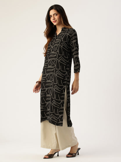 Black Printed A - Line Kurta