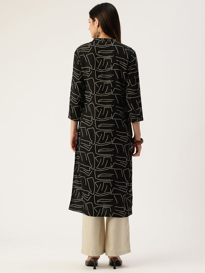 Black Printed A - Line Kurta