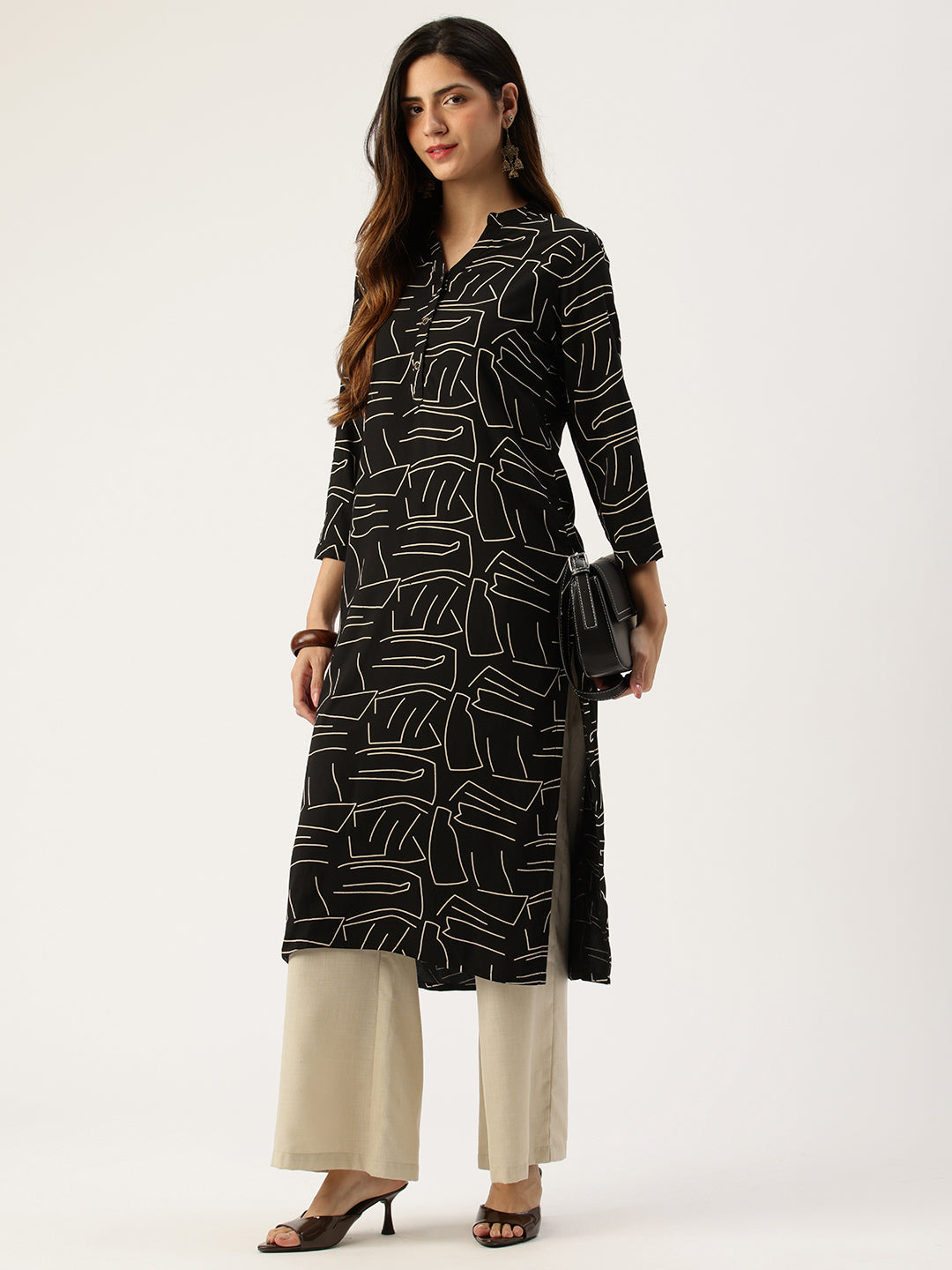 Black Printed A - Line Kurta