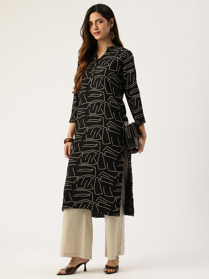 Black Printed A - Line Kurta