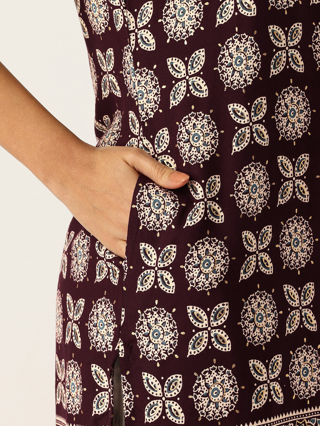 Wine Floral Printed Straight Kurta