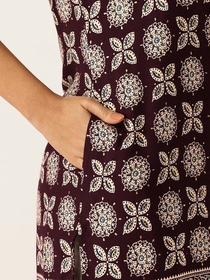 Wine Floral Printed Straight Kurta