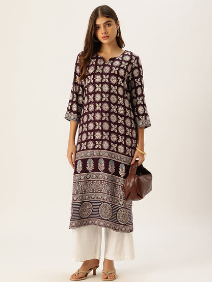 Wine Floral Printed Straight Kurta