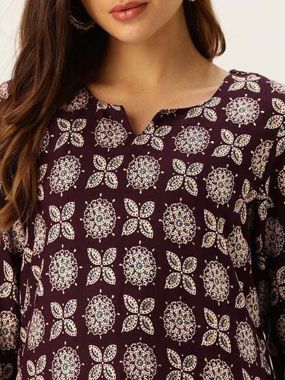 Wine Floral Printed Straight Kurta