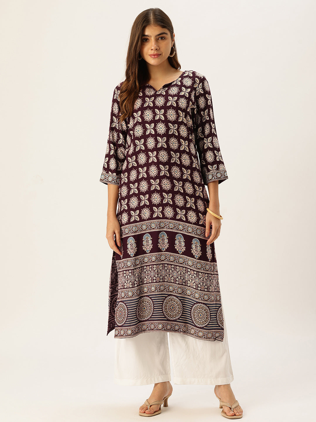 Wine Floral Printed Straight Kurta