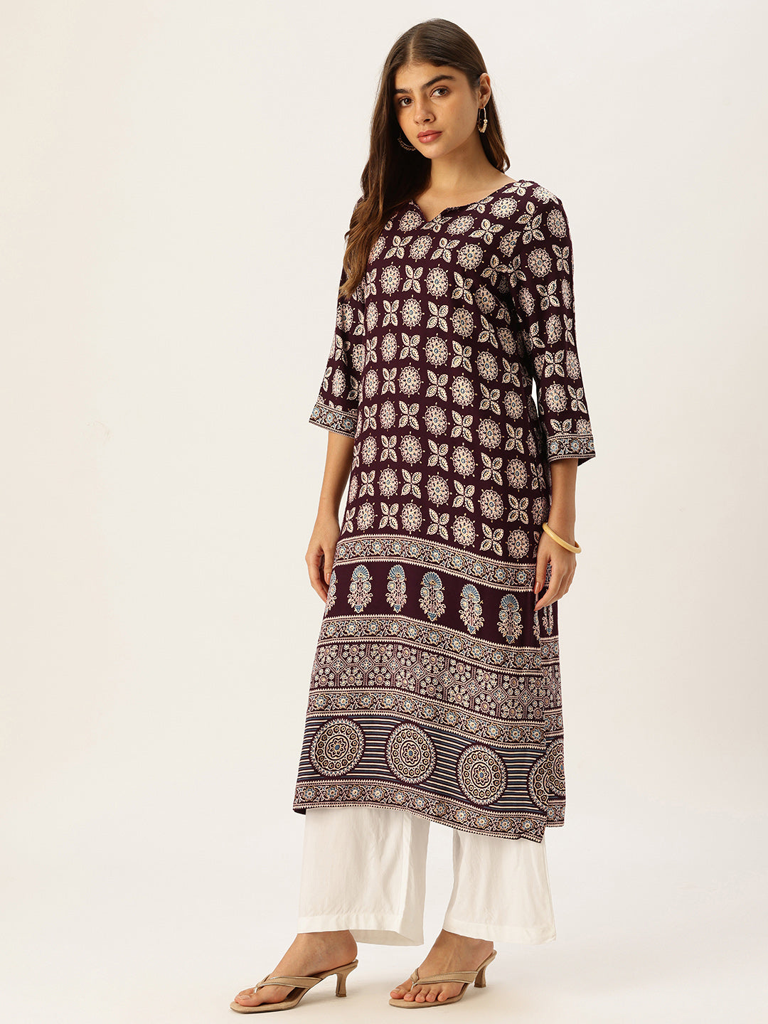Wine Floral Printed Straight Kurta