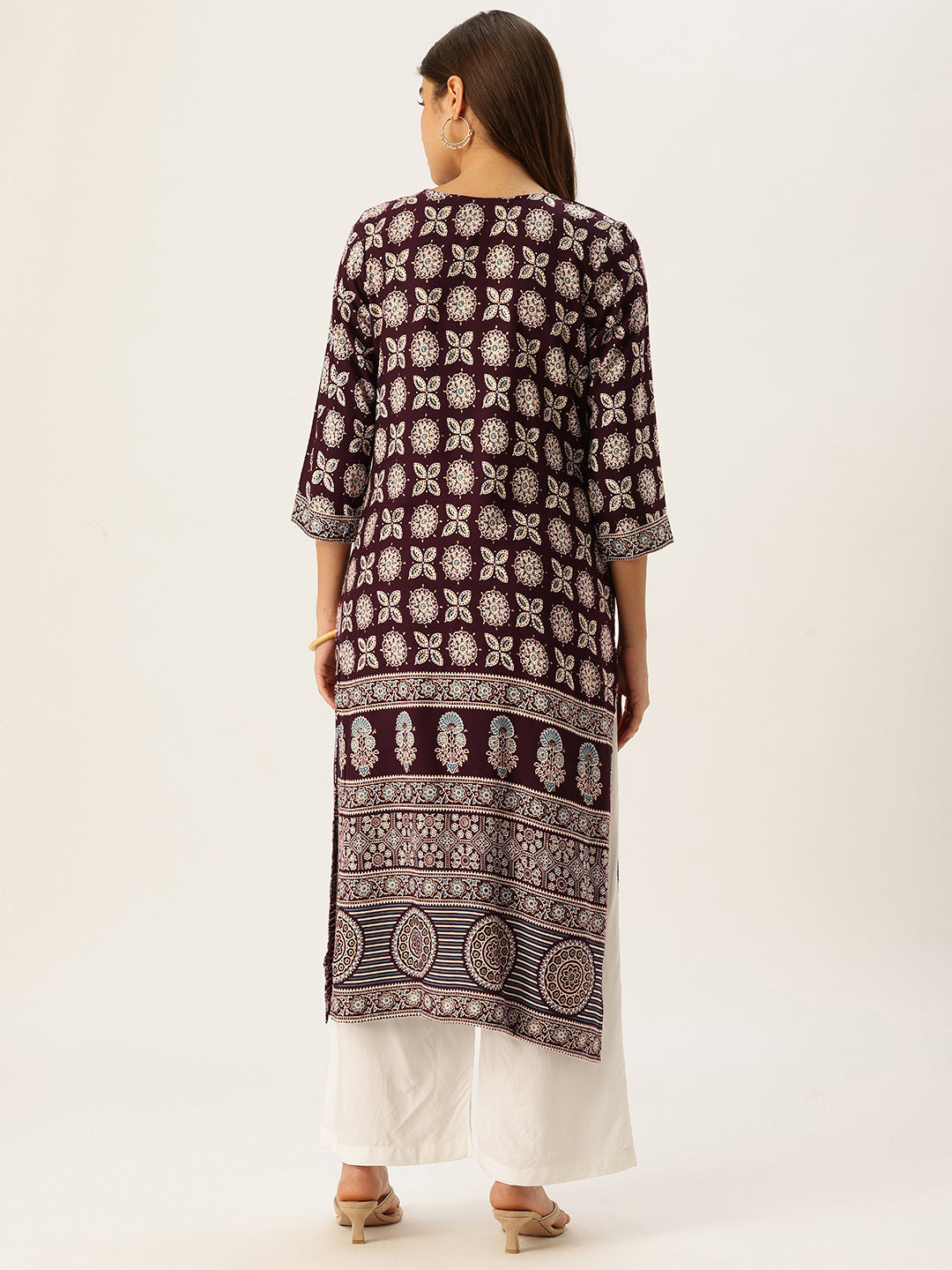 Wine Floral Printed Straight Kurta