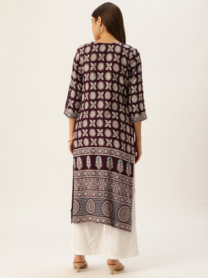 Wine Floral Printed Straight Kurta