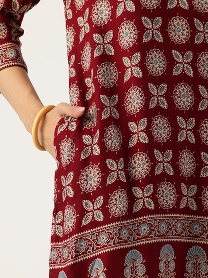 Red Printed A - Line Kurta
