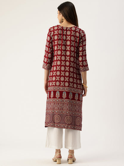 Red Printed A - Line Kurta