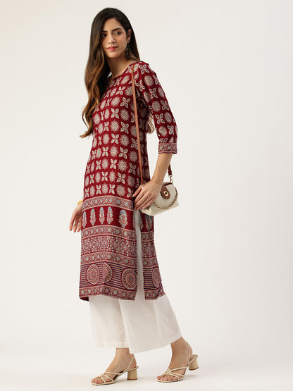 Red Printed A - Line Kurta