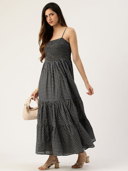 Indigo Triangle Printed Fit & Flare Midi Dress