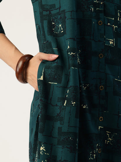Teal Blue Printed A - Line Kurta