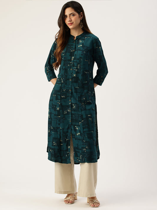 Teal Blue Printed A - Line Kurta