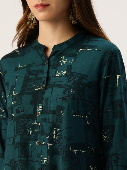 Teal Blue Printed A - Line Kurta
