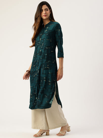 Teal Blue Printed A - Line Kurta