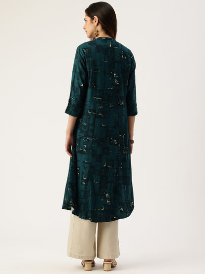 Teal Blue Printed A - Line Kurta