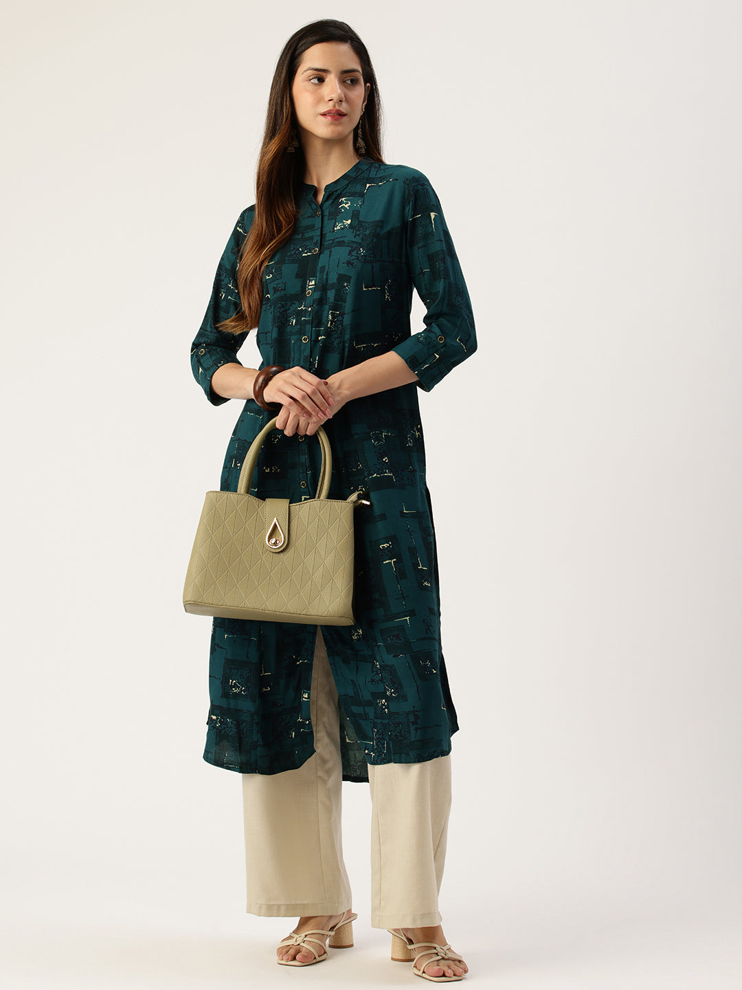 Teal Blue Printed A - Line Kurta