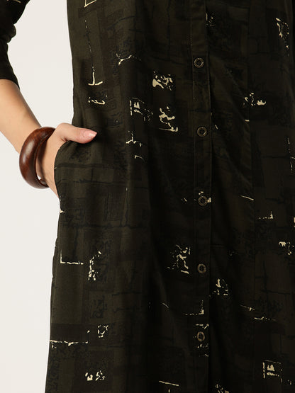 Olive Box Printed A - Line Kurta