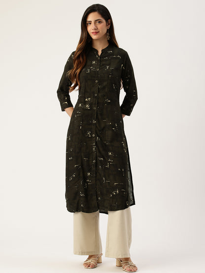 Olive Box Printed A - Line Kurta
