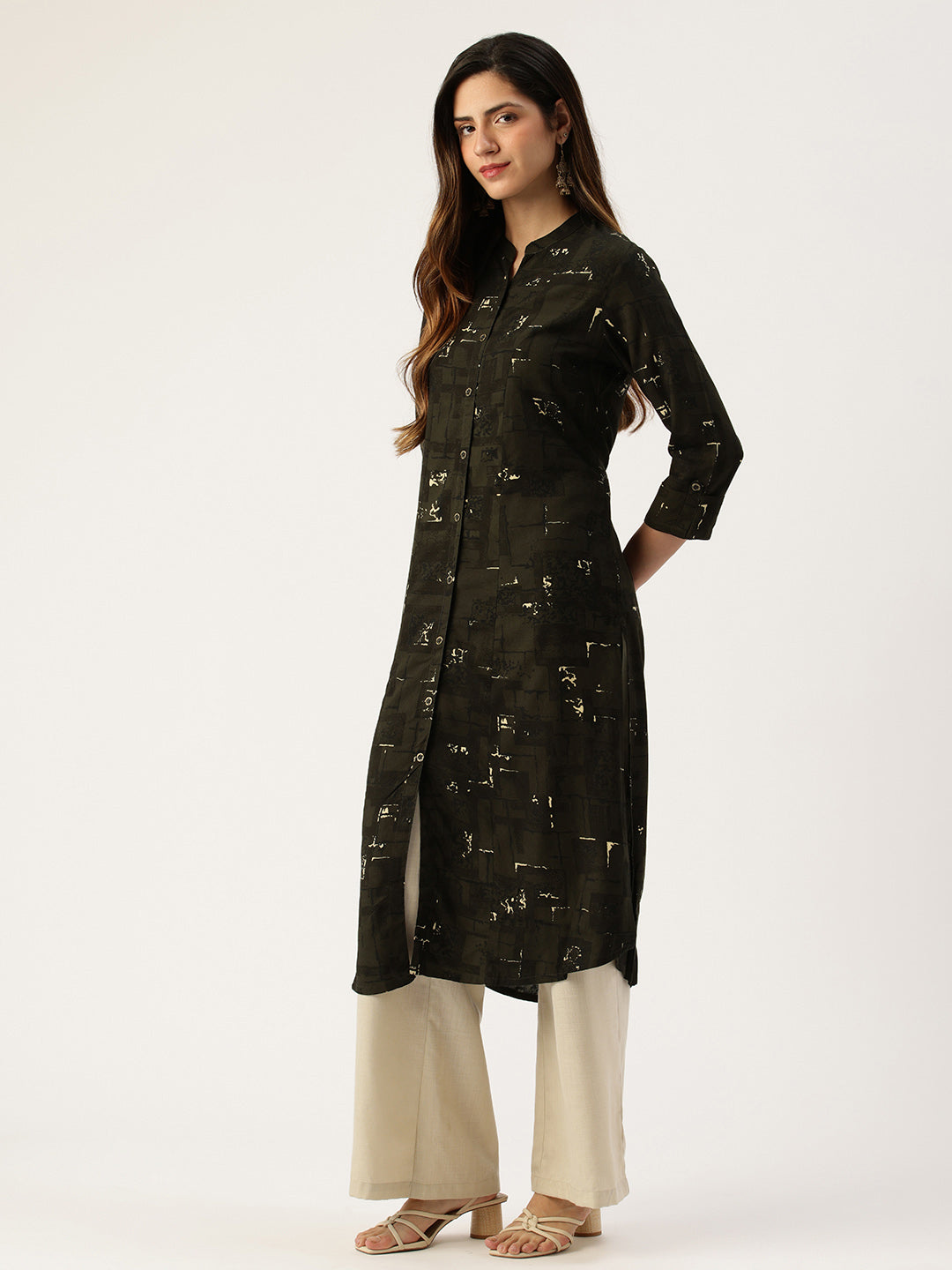 Olive Box Printed A - Line Kurta