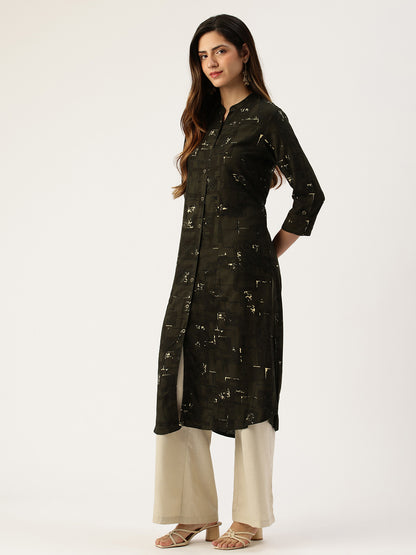 Olive Box Printed A - Line Kurta